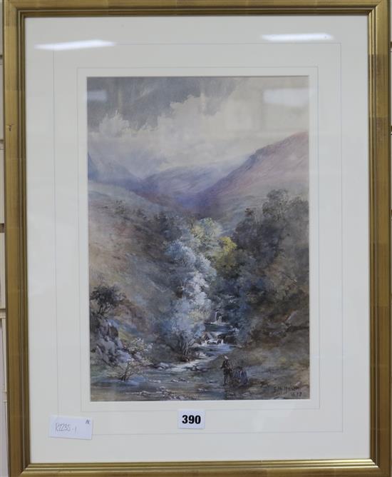 Grace Hastie, pair of watercolours, anglers in a valley and fishing village, 36 x 26cm